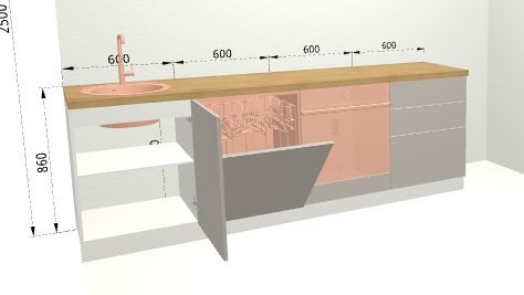 Открытая дверь секции под мойку перекрывает доступ к посудомоечной машине