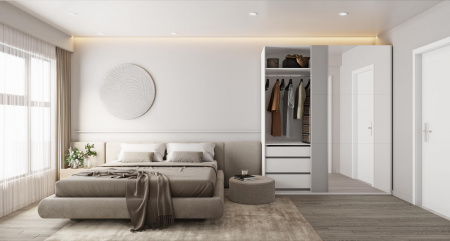 Шкаф-купе с зеркалом ЛАЙТ Е1, 240х160х58, ЛДСП, Шиншилла, с ящиками, полками и штангами