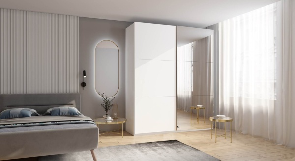 Шкаф-купе с зеркалом ЛАЙТ Е2, 220х120х58, ЛДСП, Белый перламутр, с полками и штангами