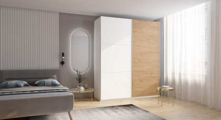 Шкаф-купе ЛАЙТ Е3, 240х200х58, ЛДСП, Белый перламутр/Дуб золотой, с ящиками, полками и штангой