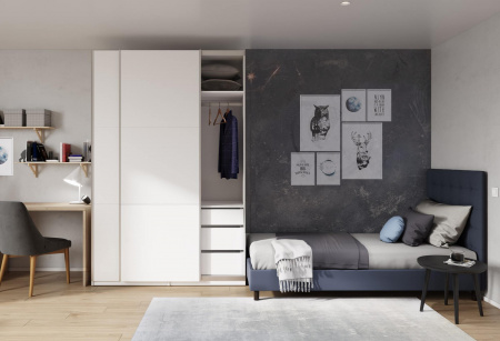 Шкаф-купе ЛАЙТ Е1, 240х200х58, ЛДСП, Белый перламутр, с ящиками, полками и штангами