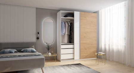 Шкаф-купе ЛАЙТ Е1, 240х120х58, ЛДСП, Белый перламутр/Дуб золотой, с ящиками, полками и штангами