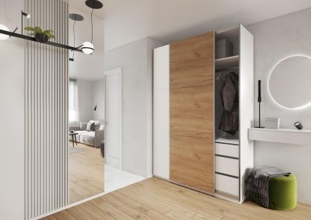 Шкаф-купе ЛАЙТ Е1, 240х200х58, ЛДСП, Белый перламутр/Дуб золотой, с ящиками, полками и штангами