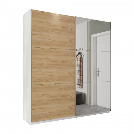 Шкаф-купе с зеркалом ЛАЙТ Е1, 240х200х58, ЛДСП, Дуб золотой, с ящиками, полками и штангами