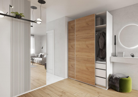 Шкаф-купе ЛАЙТ Е1, 240х200х58, ЛДСП, Дуб золотой, с ящиками, полками и штангами