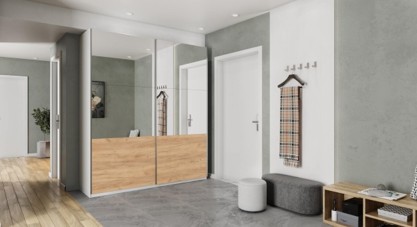 Шкаф-купе с зеркалом сверху ЛАЙТ Е1, 240х120х58, ЛДСП, Дуб золотой, с ящиками, полками и штангами