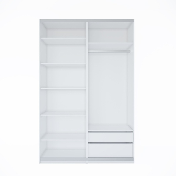 Шкаф-купе с зеркалом ЛАЙТ Е3, 220х160х58, ЛДСП, Белый перламутр, с ящиками, полками и штангой