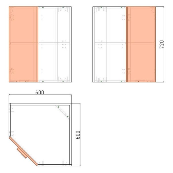 Корпус навесного углового шкафа ЛАЙТ под одну  дверь ЛДСП белый 72х60х60 см
