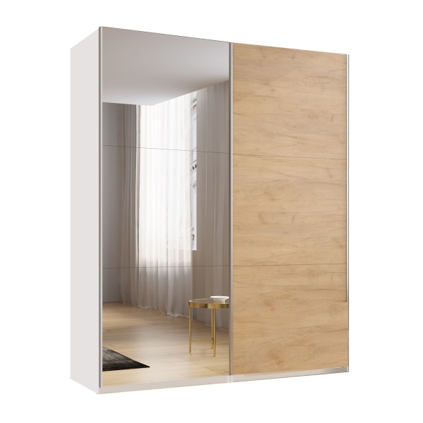 Шкаф-купе с зеркалом ЛАЙТ Е2, 220х160х58, ЛДСП, Дуб золотой, с полками и штангами