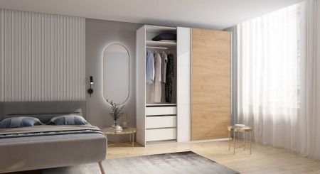 Шкаф-купе ЛАЙТ Е1, 240х200х58, ЛДСП, Белый перламутр/Дуб золотой, с ящиками, полками и штангами