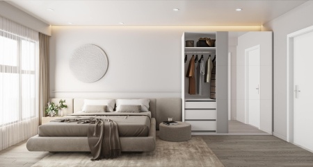 Шкаф-купе с зеркалом ЛАЙТ Е1, 220х120х58, ЛДСП, Шиншилла, с ящиками, полками и штангами