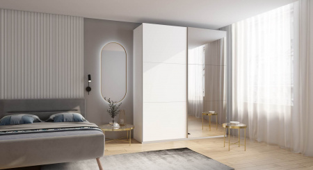 Шкаф-купе с зеркалом ЛАЙТ Е3, 240х160х58, ЛДСП, Белый перламутр, с ящиками, полками и штангой