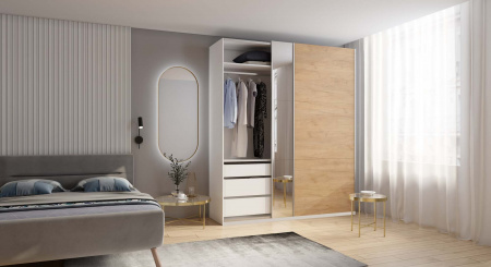 Шкаф-купе с зеркалом ЛАЙТ Е1, 240х120х58, ЛДСП, Дуб золотой, с ящиками, полками и штангами